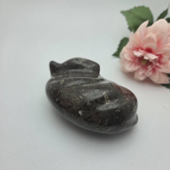 Black Sleeping Cat Kitty Natural Carved Fossil Stone Pakistan - Picture 3 of 12